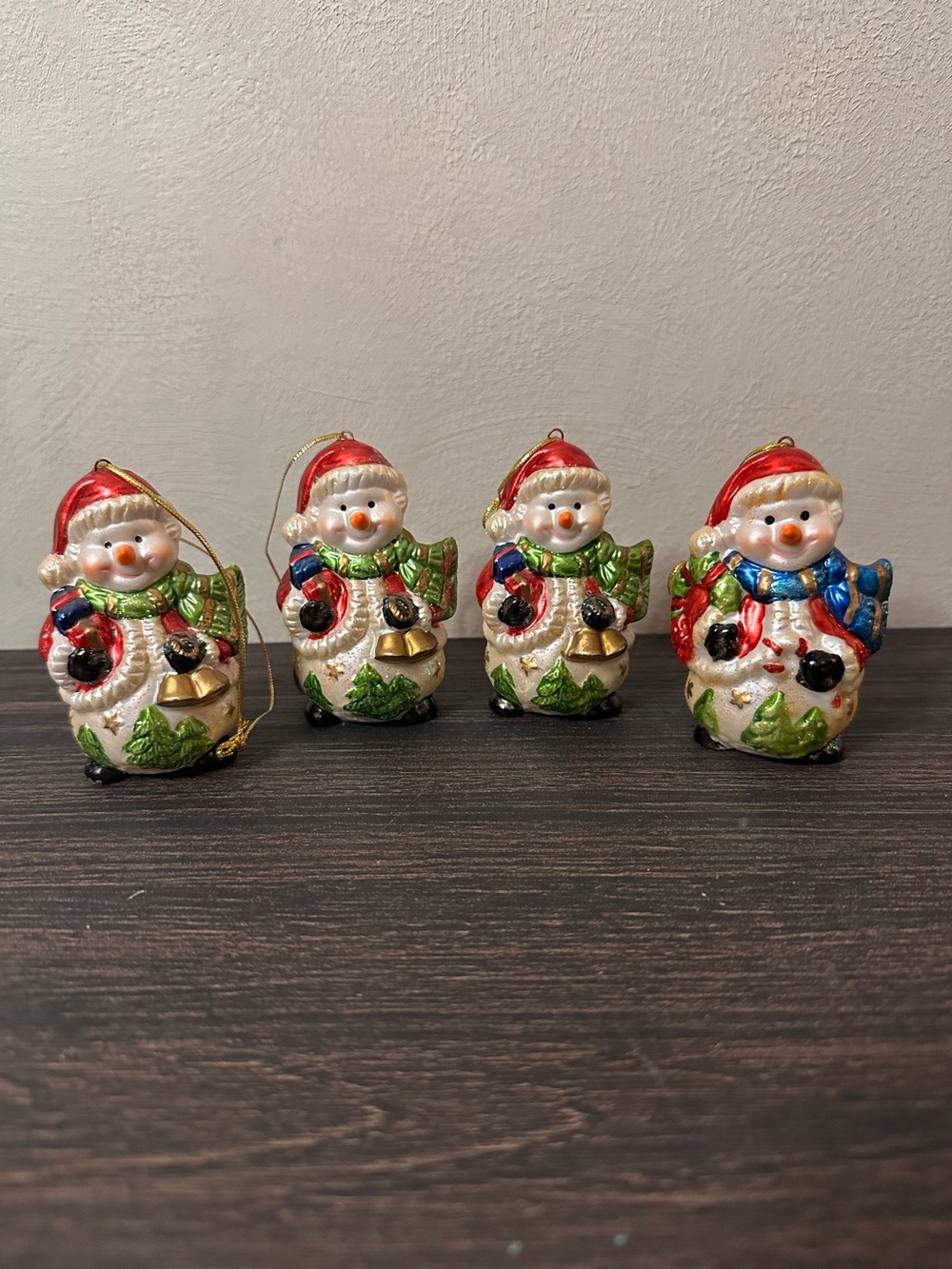 Hand Painted Ceramic Snowman Ornaments Bundle of 4